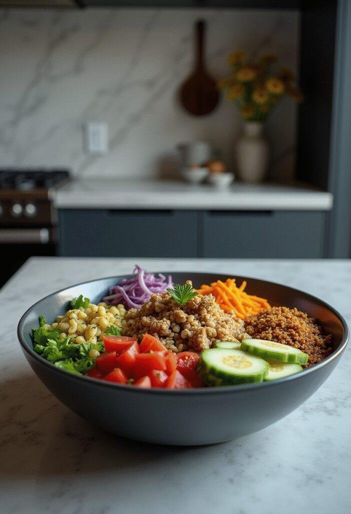 Avengers Doomsday Vision’s Vegan Victory Bowl served beautifully in a modern kitchen setting, showcasing a colorful variety of vegetables and grains.