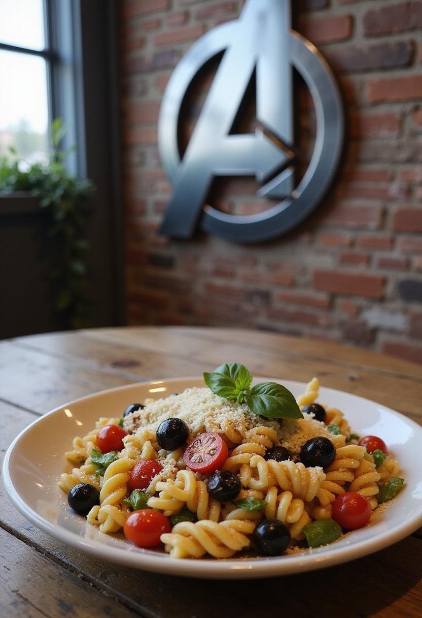Avengers Hawkeye's Bullseye Pasta Salad featuring colorful spiral pasta with fresh vegetables and herbs, plated in a superhero-themed setting inspired by the Avengers.