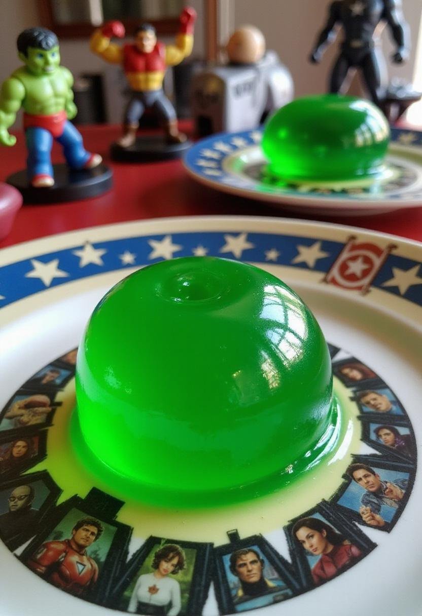 Avengers Hulk Smash Green Jello dessert on a superhero-themed table, perfect for Marvel fans and kids' parties.