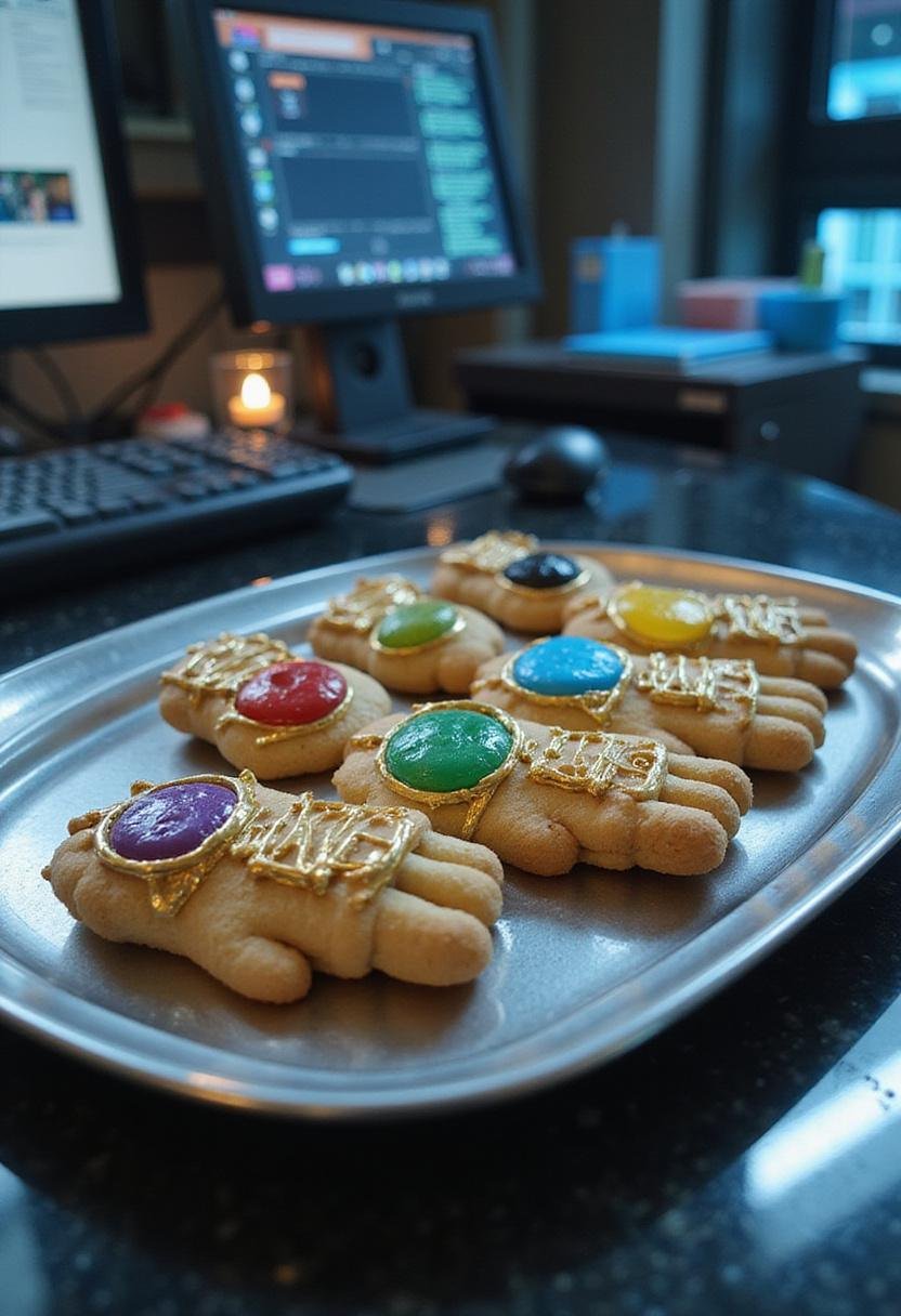 Avengers Infinity Gauntlet Sugar Cookies displayed on a metallic tray in a high-tech lab setting, with colorful icing and Infinity Stones decoration.