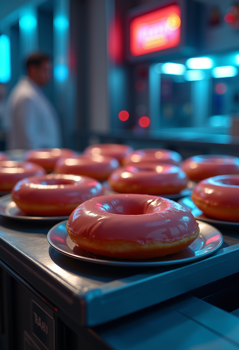 Avengers Stark Tower Arc Reactor Donuts beautifully glazed donuts with a high-tech Stark Tower backdrop for a superhero-inspired dessert presentation.