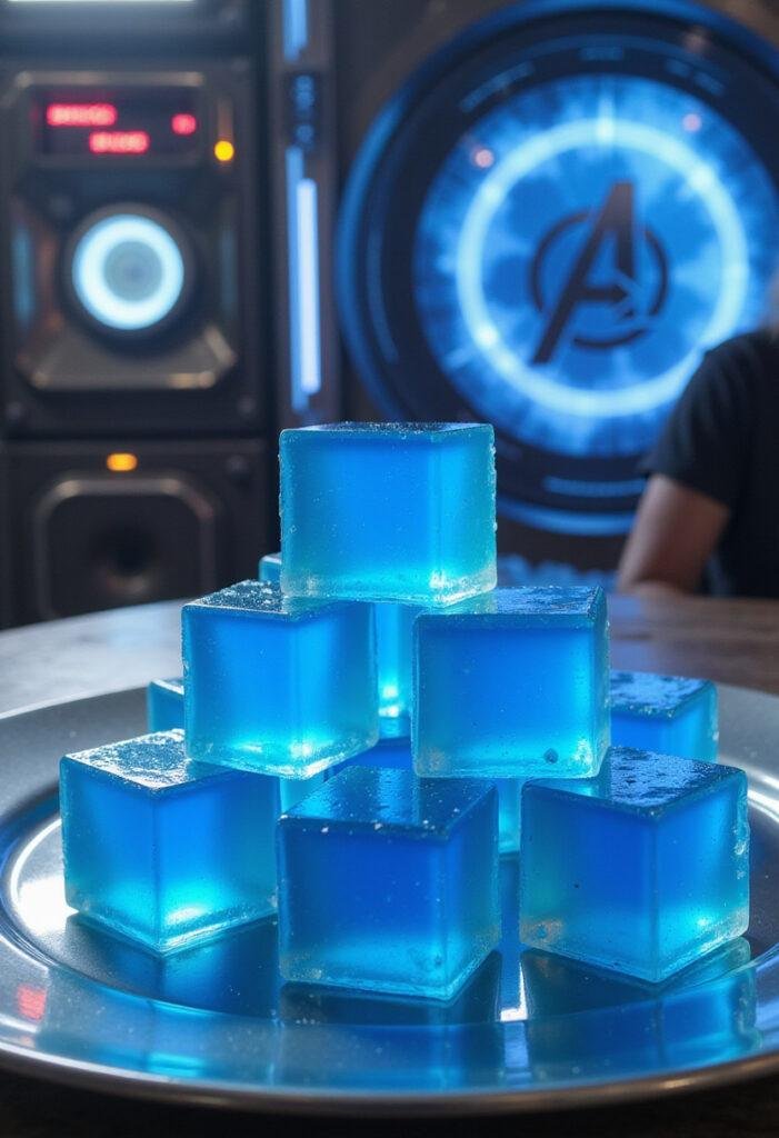 Avengers The Tesseract Blue Jello Cubes dessert served on a futuristic plate in a high-tech lab setting, inspired by the Marvel Avengers universe.