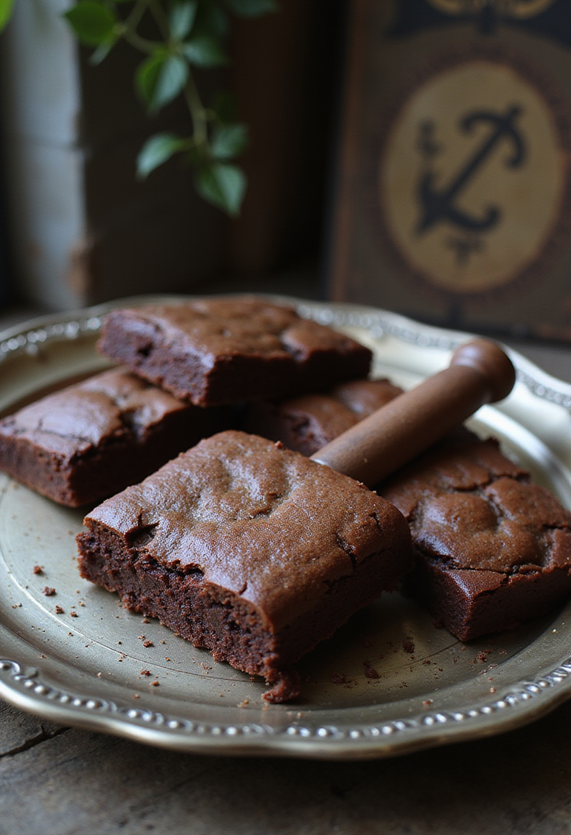 Avengers Thor's Mjolnir brownies plated on a metallic tray in a cinematic Asgard-themed kitchen setting