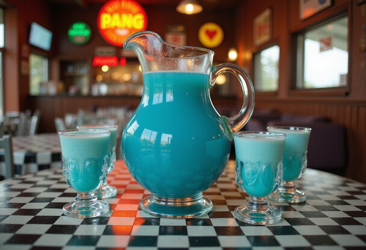 Back to the Future's Enchantment Under the Sea Punch served in a 1950s themed party setting with vibrant blue punch and retro decor.