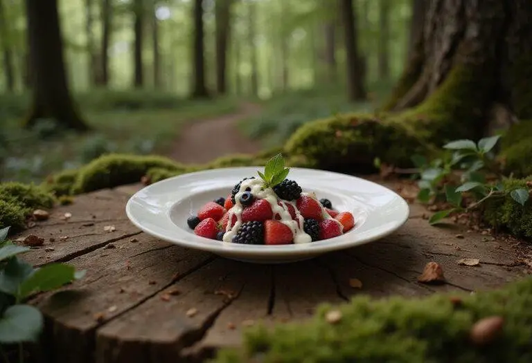 Bambi's Forest Berries and Cream: a realistic image of fresh berries and creamy dessert in a woodland-inspired setting