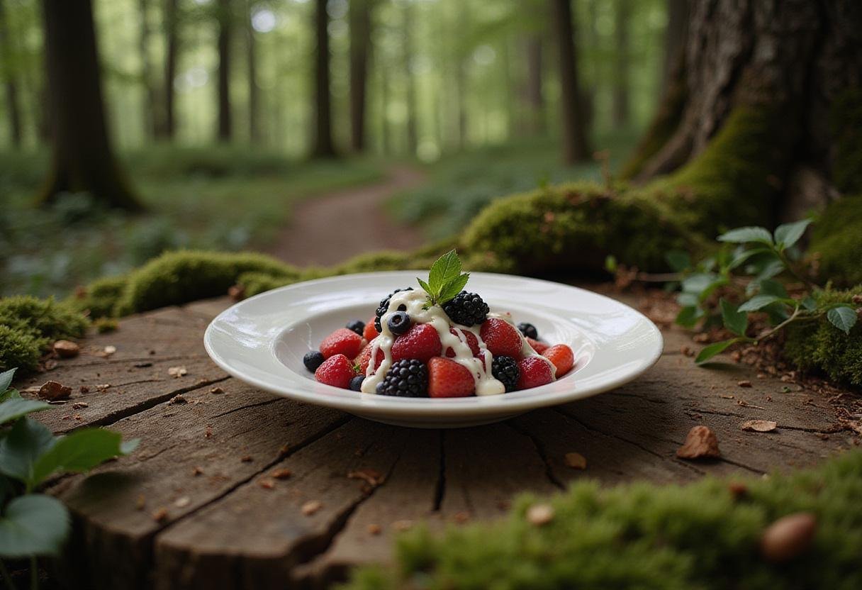 Bambi's Forest Berries and Cream: a realistic image of fresh berries and creamy dessert in a woodland-inspired setting