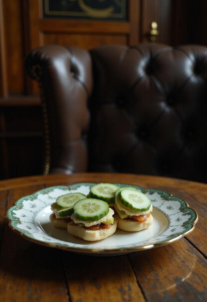 Batman Alfred's Pennyworth cucumber sandwiches on a vintage tea table, perfect for a Batcave tea setting, realistic and detailed.
