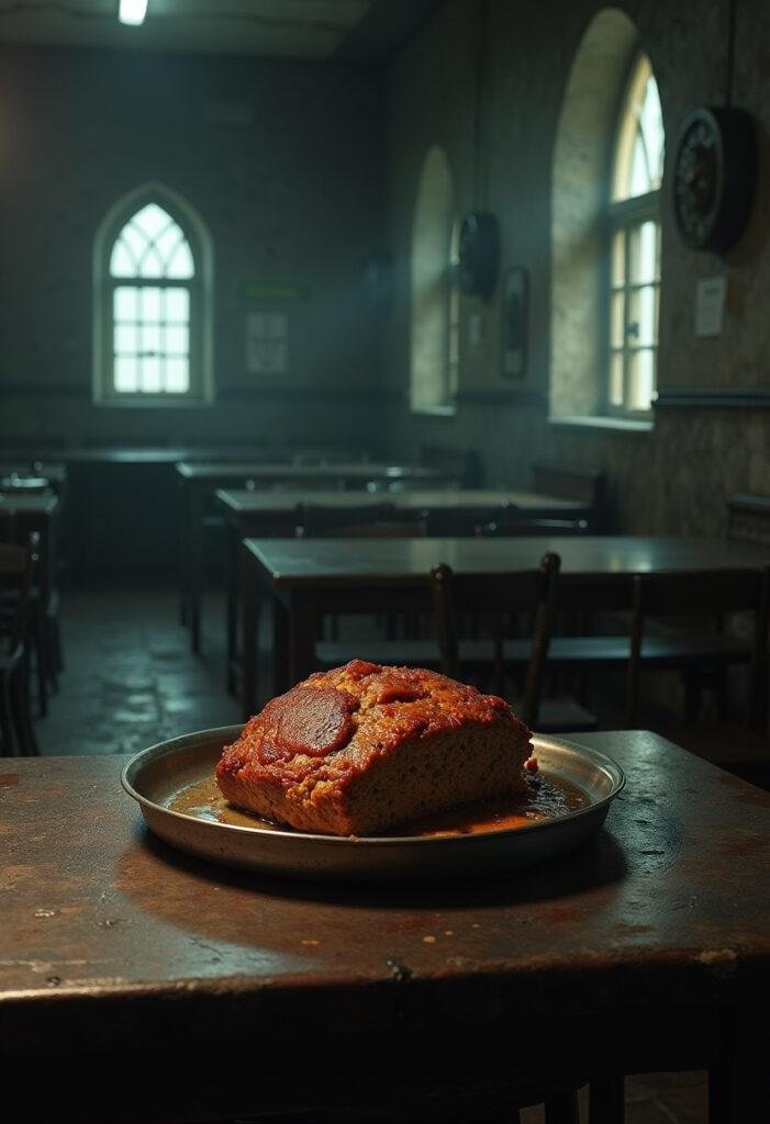 Batman Arkham Asylum Mystery Meatloaf served in a gritty Gotham-style cafeteria setting, realistic presentation with metal trays and Gothic industrial decor