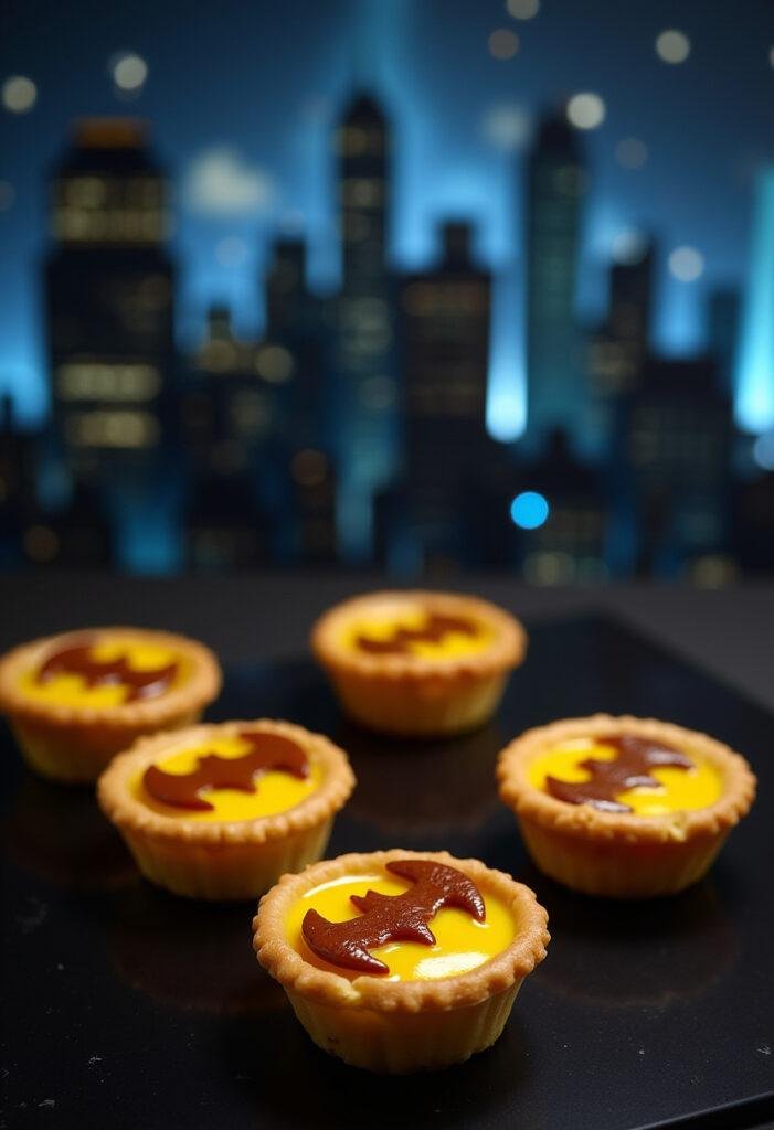 Batman Bat Signal Lemon Tarts - a themed dessert with lemon filling and BAT signal garnish, perfect for Gotham City-inspired parties.