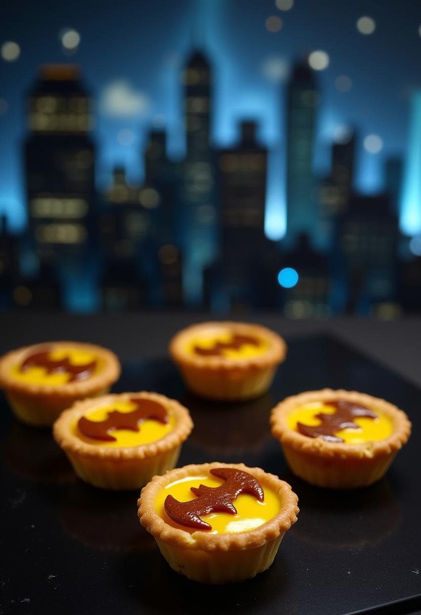 Batman Bat Signal Lemon Tarts - a themed dessert with lemon filling and BAT signal garnish, perfect for Gotham City-inspired parties.
