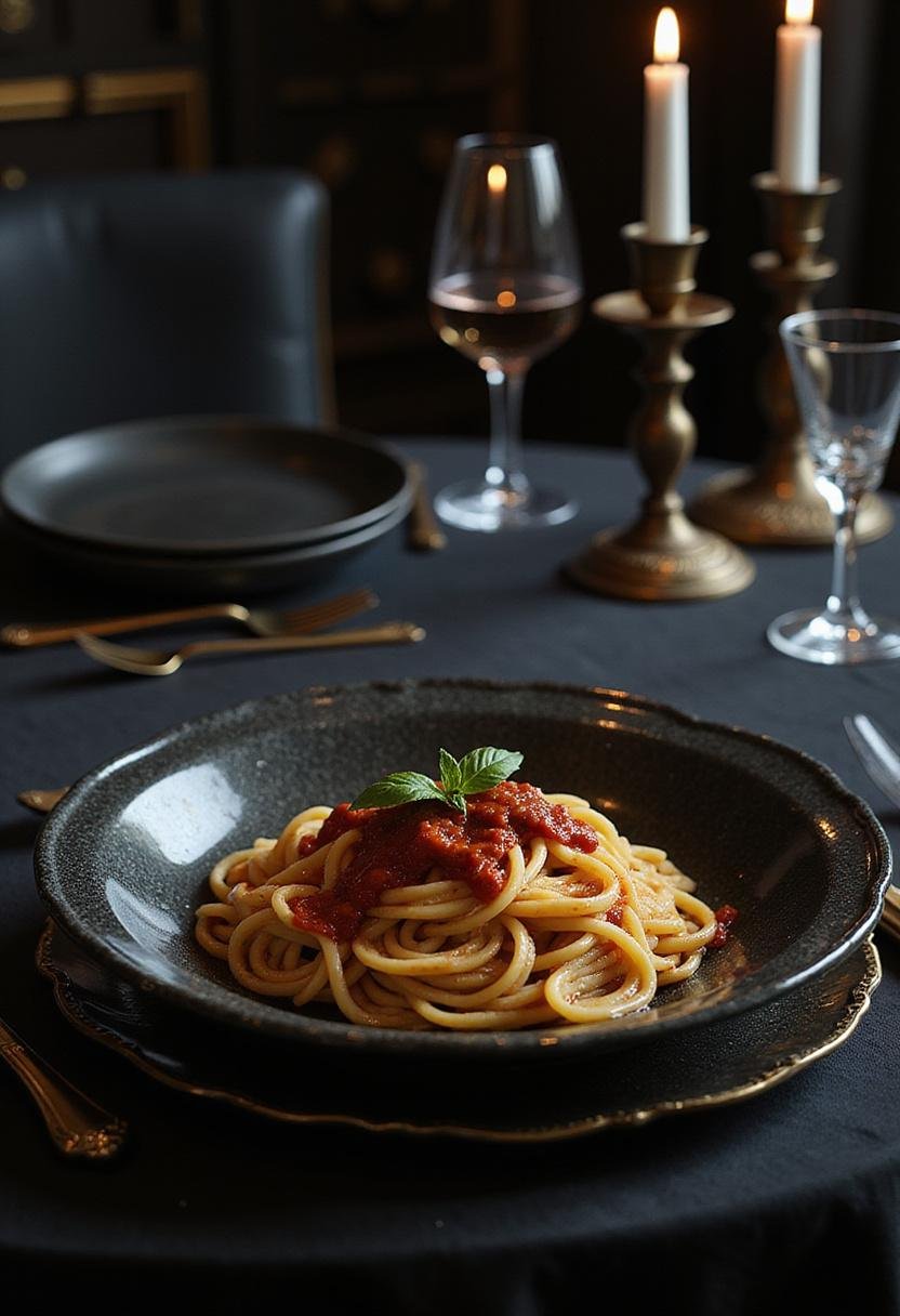 Batman's Gotham Gala Black Tie Pasta served elegantly on a Gotham City-themed dinner table, capturing the sophisticated essence of the superhero's affair.