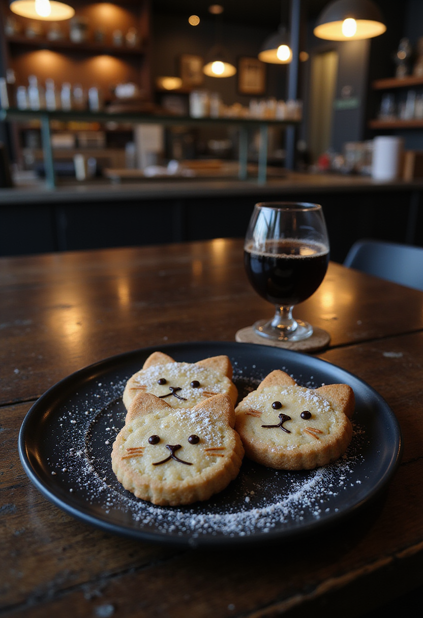 Delicious cat-shaped cookies with catnip flavor, inspired by Batman and Catwoman, displayed on a Gotham City themed bakery table.
