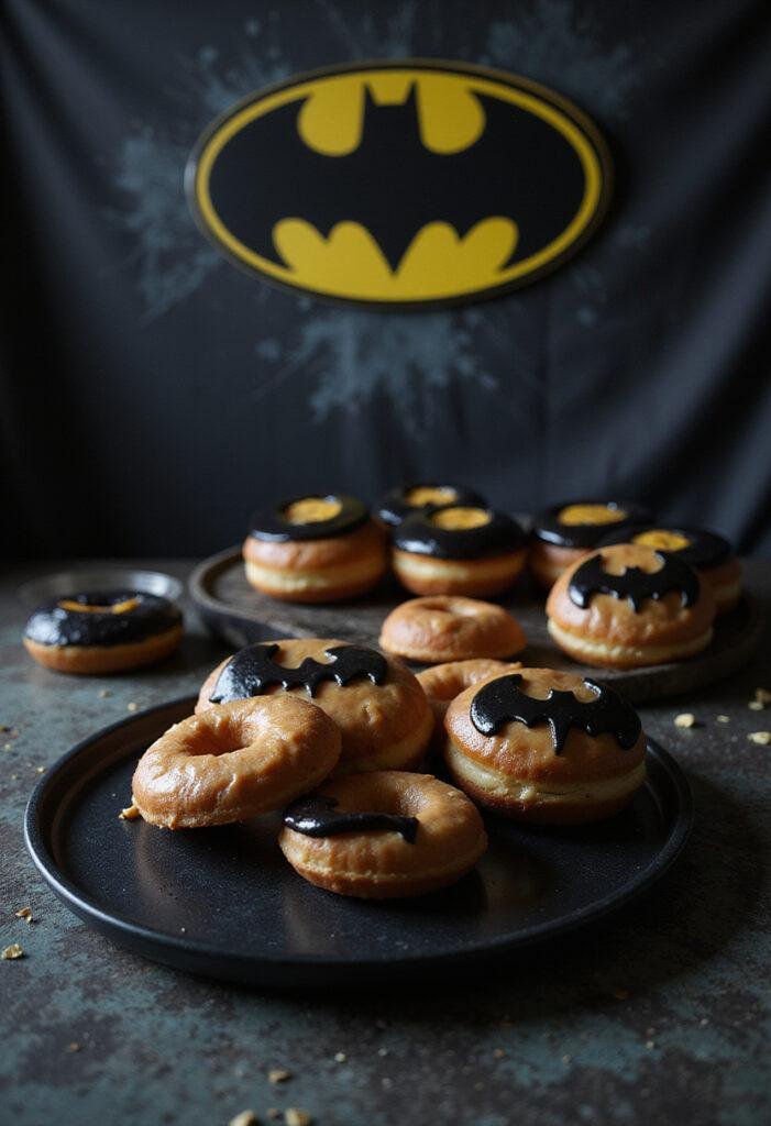 Batman Gotham City Dark Knight Donuts plated on a black platter with Gotham-inspired background in a realistic scene.