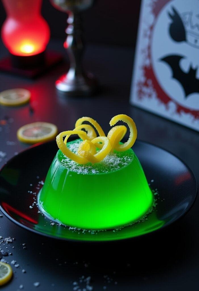 Batman The Joker's Laughing Gas Green Jello on a black plate, Gotham City-inspired setting, vibrant green jello topped with lemon peels, comic-style props