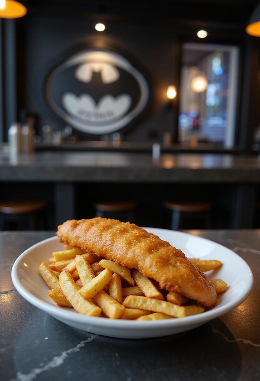 Batman The Penguin's Iceberg Lounge fish and chips served on a plate inside the Gotham-themed lounge setting, emphasizing crispy battered fish and golden fries.