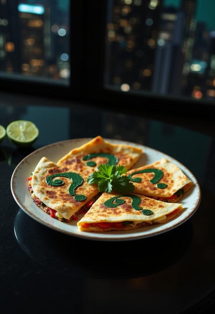 Batman The Riddler's Question Mark Quesadillas on a plate with green cheese patterns, set in a Gotham-inspired scene for a superhero-themed meal.