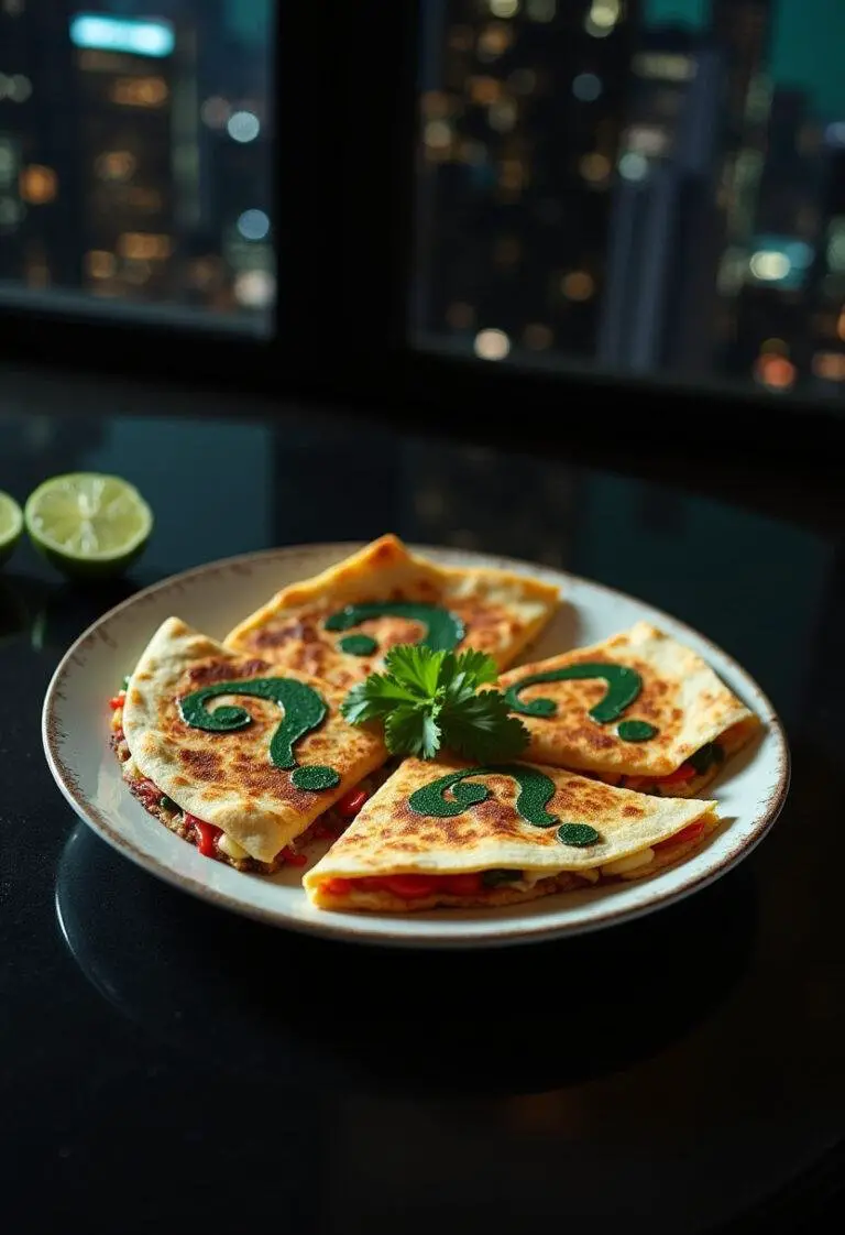 Batman The Riddler's Question Mark Quesadillas on a plate with green cheese patterns, set in a Gotham-inspired scene for a superhero-themed meal.