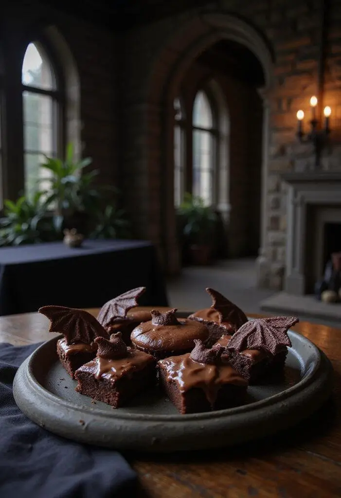 Batman Wayne Manor Bat Wing Brownies arranged on a dark table in a Gothic-style setting, perfect for superhero-themed dessert display.