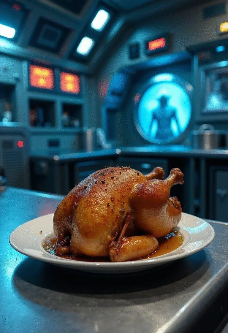 Battlestar Galactica Adama's Admiral's Roast Chicken plated in a sci-fi spaceship galley with metallic decor and blue lighting, showcasing a crispy, seasoned roast chicken.