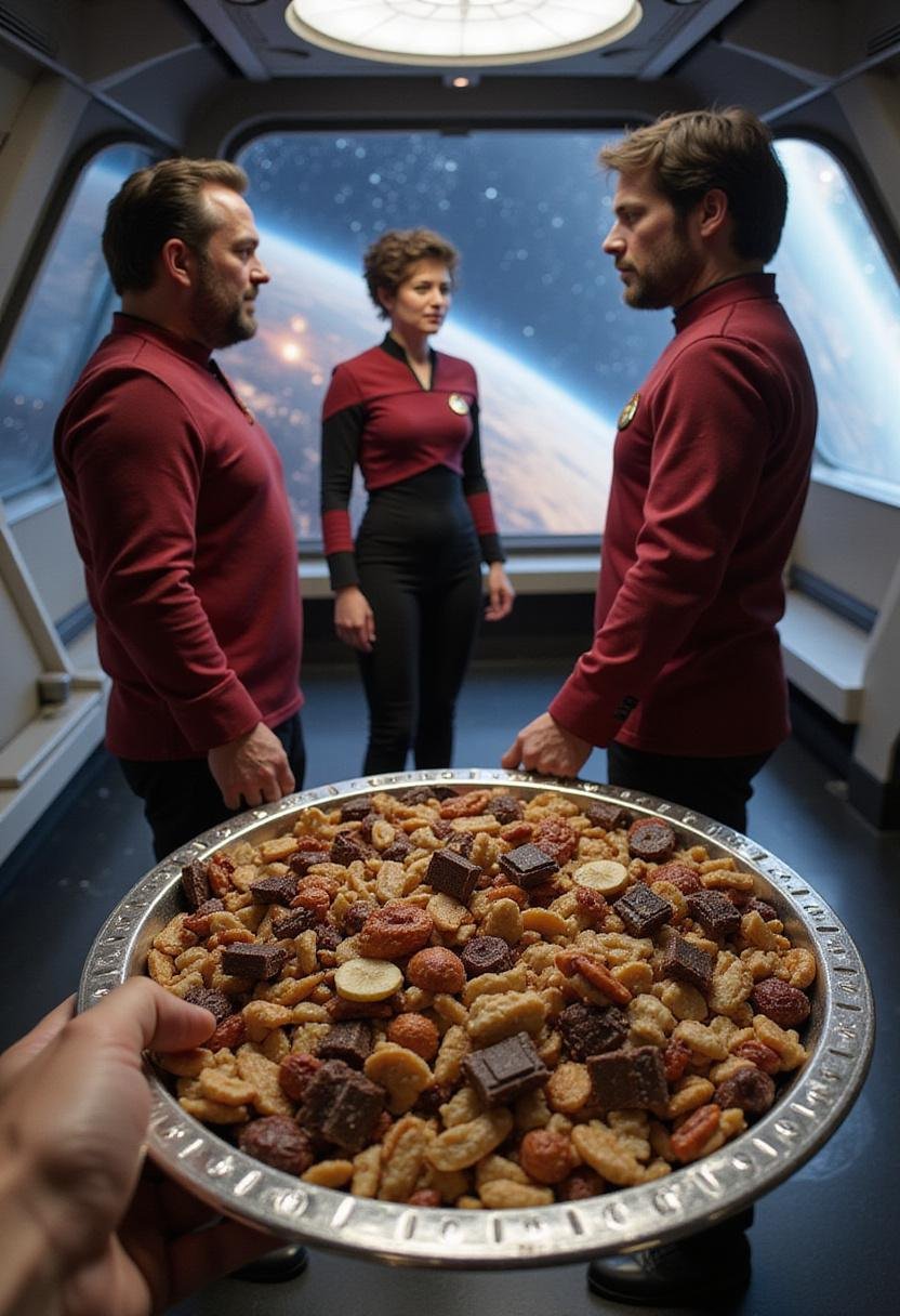 Battlestar Galactica All Along the Watchtower Trail Mix served on a sci-fi themed tray inside a spaceship, featuring nuts, dried fruits, and chocolate.