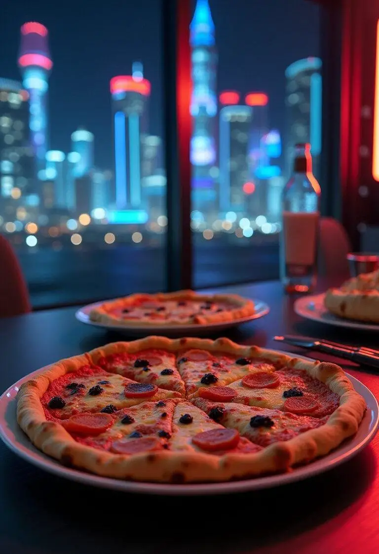 Caprica City Style Pizza on a futuristic table with neon city skyline backdrop, inspired by Battlestar Galactica.