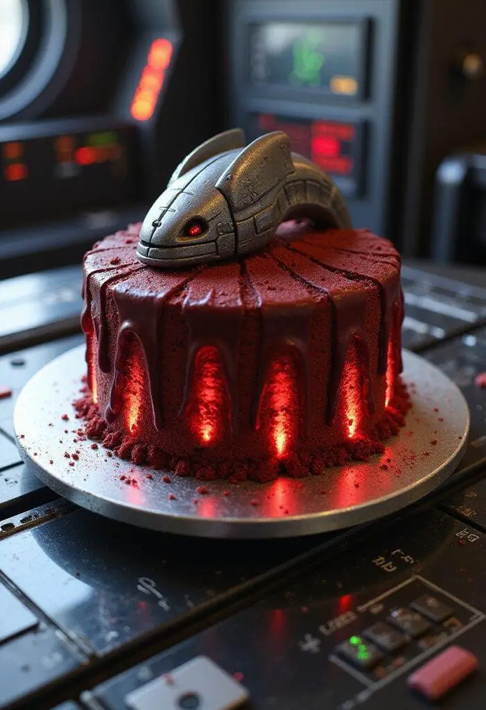 Battlestar Galactica Cylon Red Velvet Spine Cake displayed as a realistic sci-fi themed dessert with metallic and red accents in a spaceship control room setting.