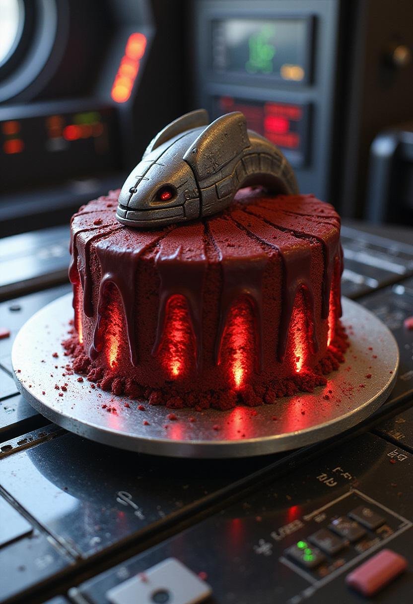 Battlestar Galactica Cylon Red Velvet Spine Cake displayed as a realistic sci-fi themed dessert with metallic and red accents in a spaceship control room setting.