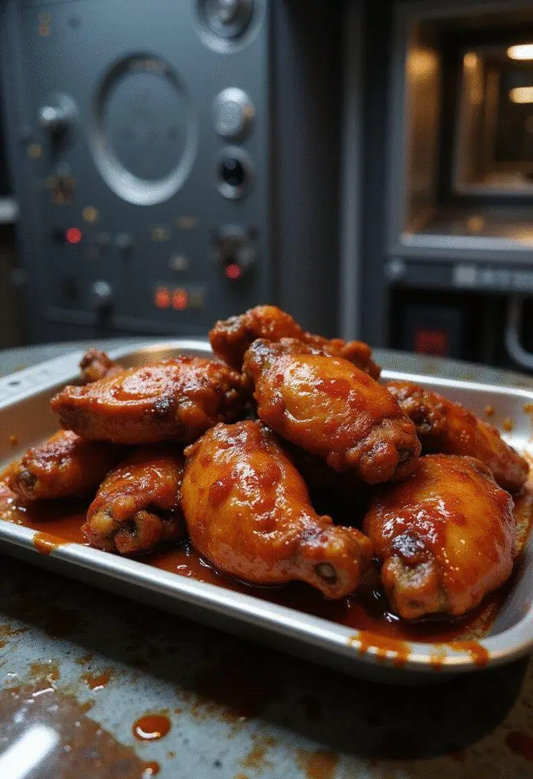 Battlestar Galactica Frak! Hot Wings served on a spaceship-themed tray with sci-fi decor and metallic surroundings, showcasing spicy, glazed chicken wings.
