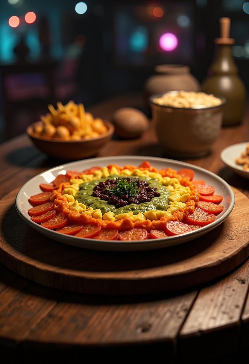 Battlestar Galactica Gaius Baltar's Six-Layer Dip served on a wooden table in a sci-fi themed setting, showcasing the colorful layers and creamy textures.