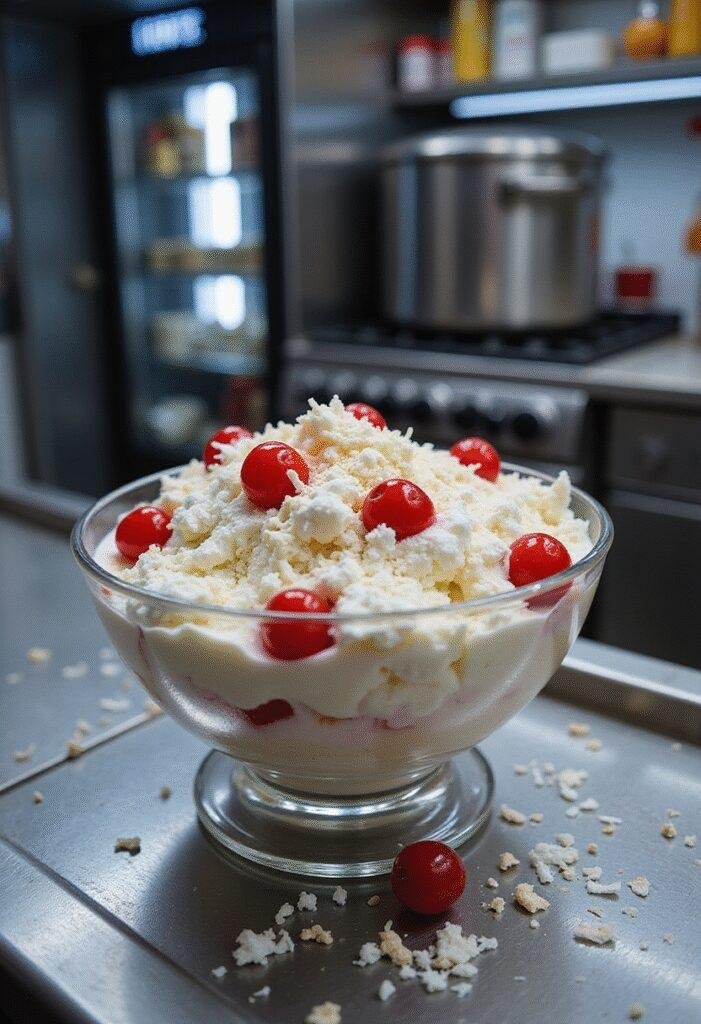 Battlestar Galactica themed Ambrosia Salad with cherries and shredded coconut in a futuristic spaceship kitchen