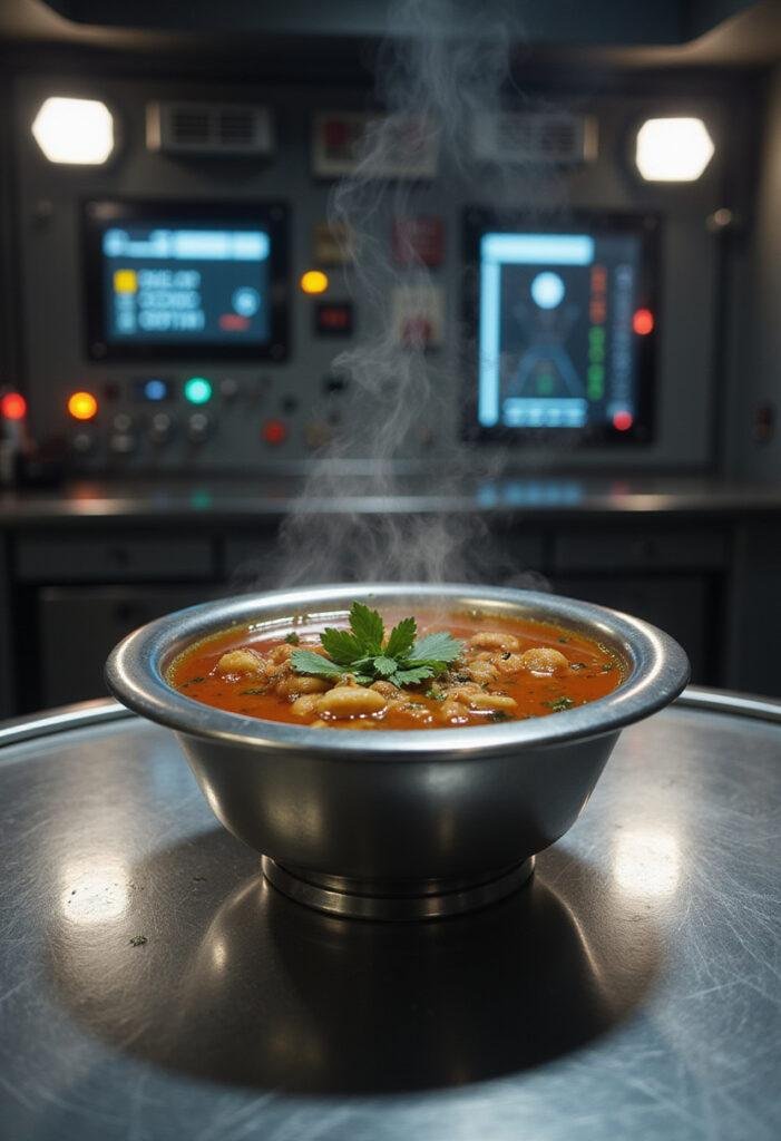 Battlestar Galactica The Final Five Secret Ingredient Soup served in a metallic bowl on a spaceship kitchen table, futuristic sci-fi scene.