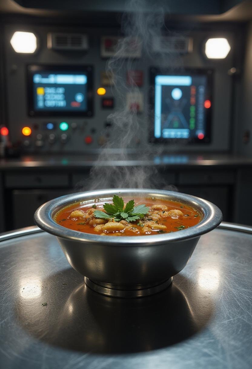 Battlestar Galactica The Final Five Secret Ingredient Soup served in a metallic bowl on a spaceship kitchen table, futuristic sci-fi scene.