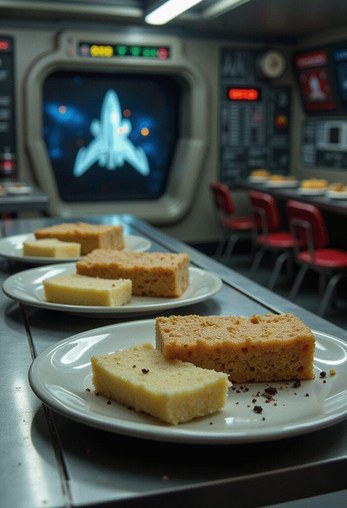 Battlestar Galactica Fleet's Ration Bars served on a spaceship table in a sci-fi setting, showcasing futuristic space food in a detailed sci-fi environment.