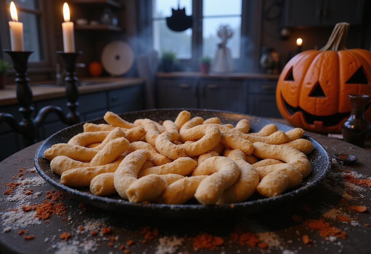 Sandworm breadsticks for Halloween inspired by Beetlejuice recipes in a spooky haunted house kitchen scene.