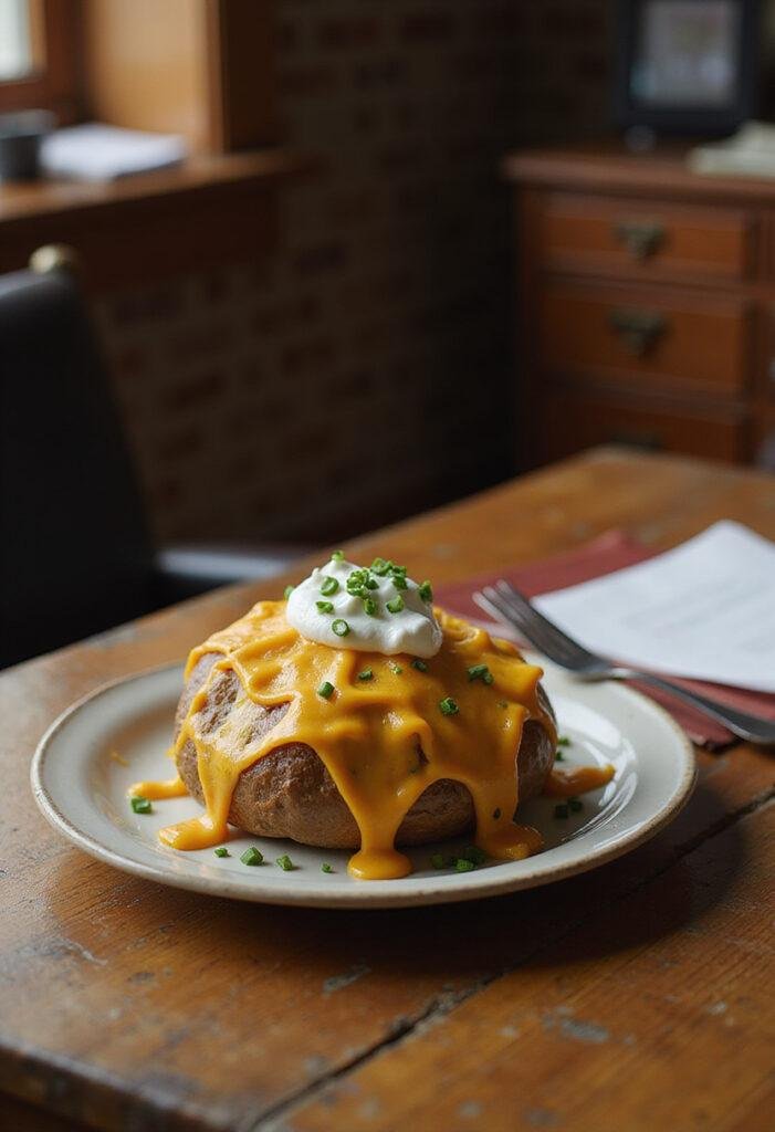 Better Call Saul Chuck's Space Blanket Baked Potato served on a rustic table in a Saul Goodman office setting, topped with cheese, sour cream, and chives.