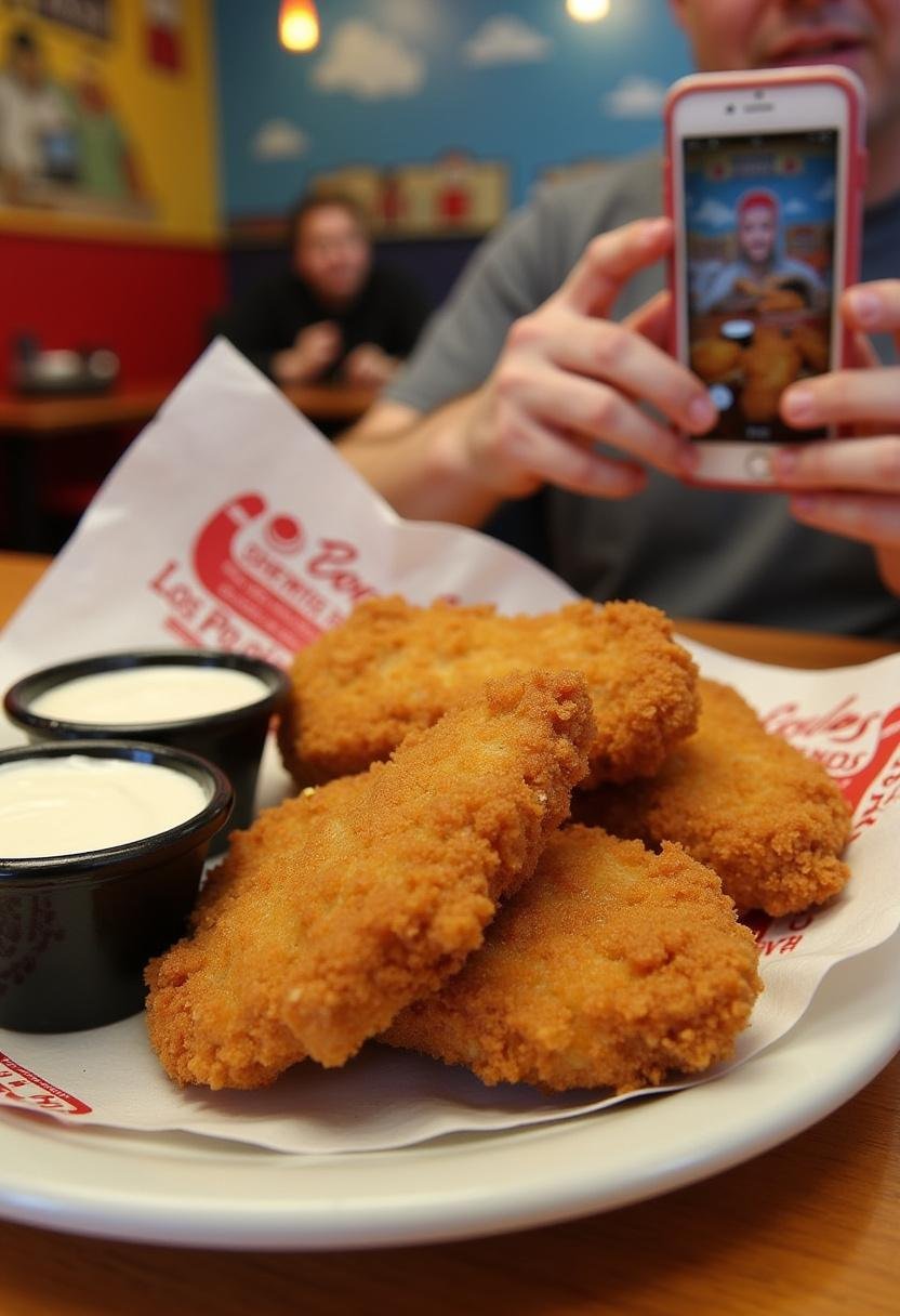 Gus Fring's Los Pollos Hermanos chicken tenders served in a themed fast-food restaurant setting, showcasing crispy golden chicken strips with sides.