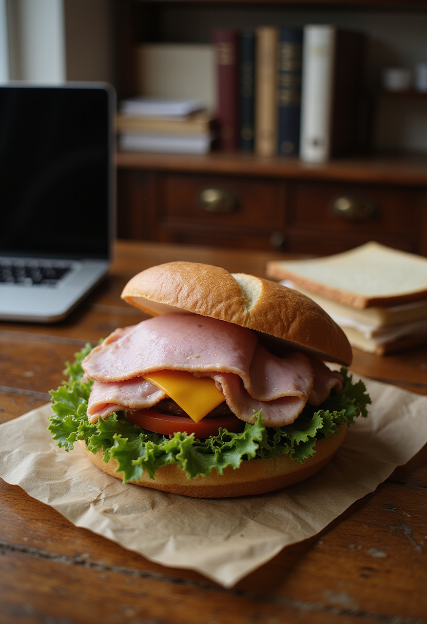 Better Call Saul Howard's HHM Ham Sandwich displayed in a cozy office setting, featuring ham, fresh vegetables, and toasted bread for a realistic scene.