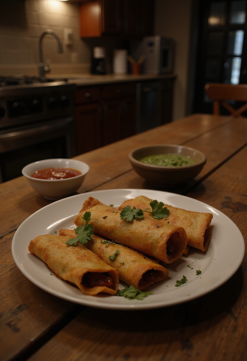 Better Call Saul Lalo's Tell Me Again Taquitos on a rustic wooden table, showcasing crispy, golden taquitos with herbs and salsa in a themed kitchen scene.