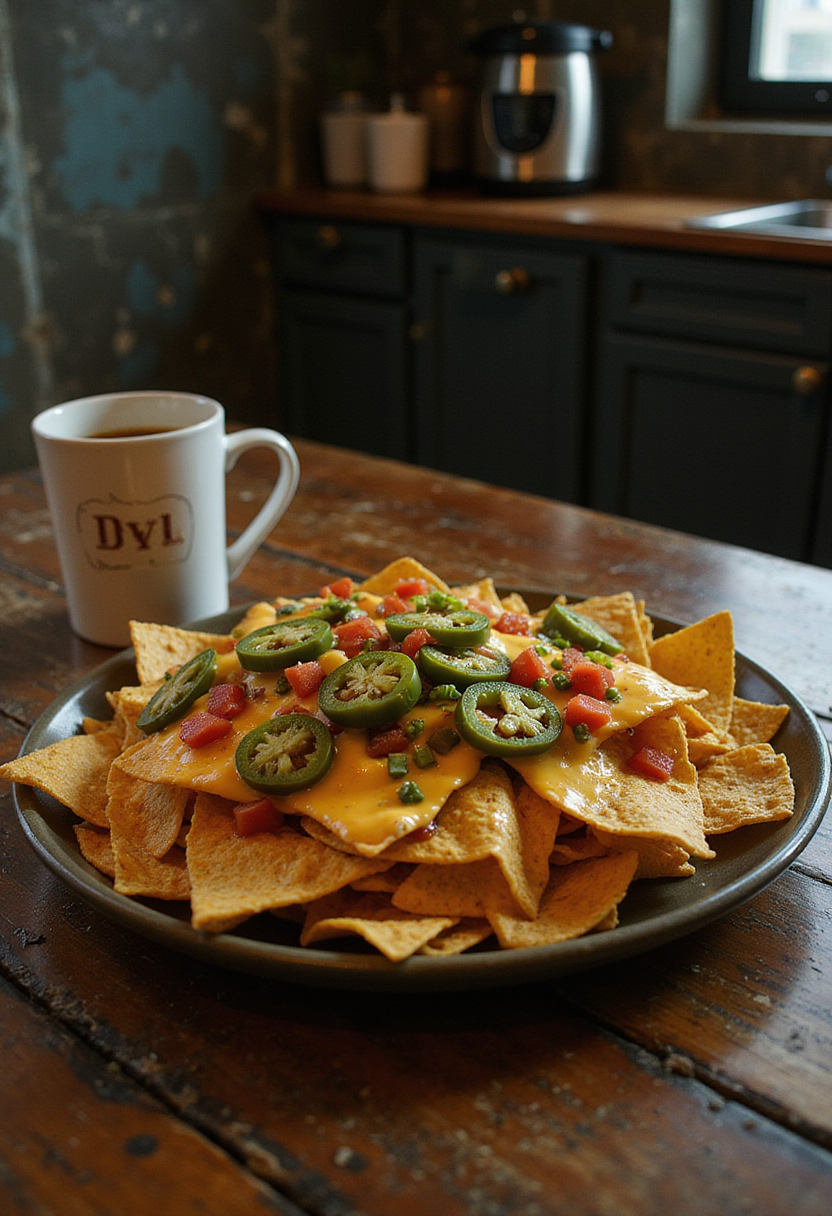 Better Call Saul Nacho's Crossroads Nacho Plate featuring crispy tortilla chips topped with cheese, jalapenos, and tomatoes, in a gritty kitchen setting.