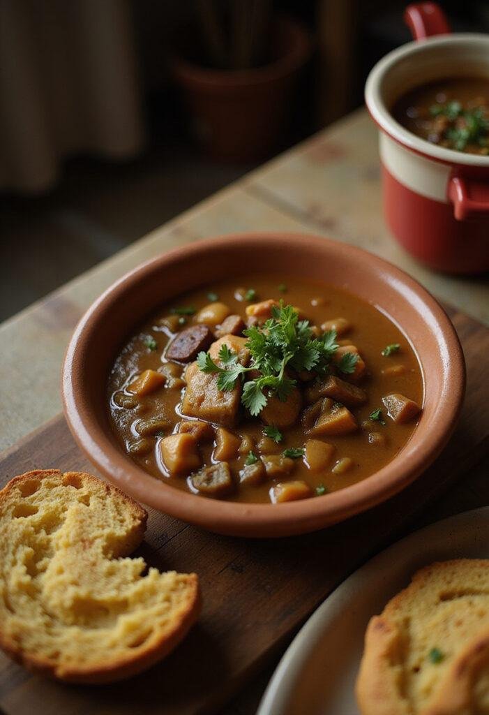 Better Call Saul Mesa Verde Green Chile Stew served in a rustic kitchen setting with garnishes and cornbread, showing authentic southwestern flavors.