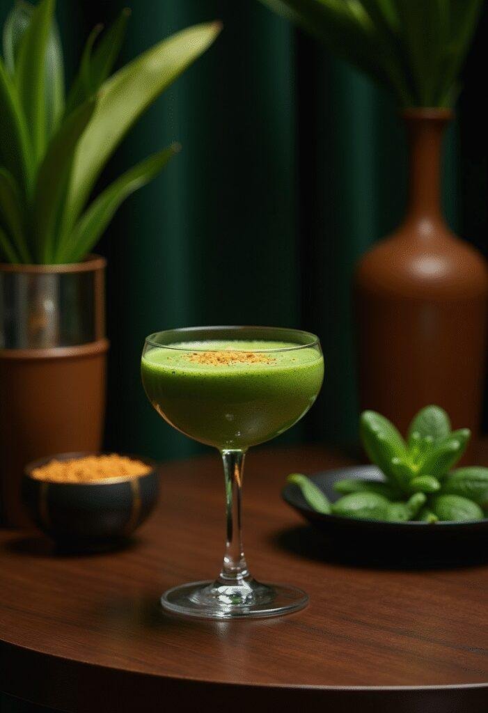 Black Panther Heart-Shaped Herb Smoothie served in a glass with green herbs in a Wakandan-inspired setting