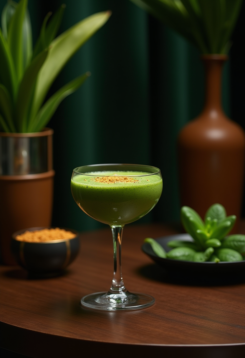 Black Panther Heart-Shaped Herb Smoothie served in a glass with green herbs in a Wakandan-inspired setting