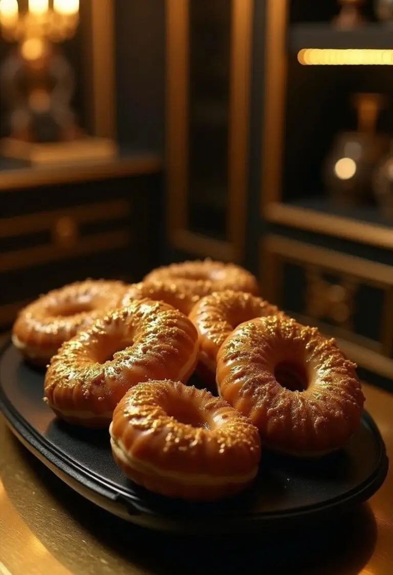 Black Panther Killmonger's Golden Jaguar Donuts on a black platter in a high-tech African-inspired setting, showcasing the detailed golden design and rich colors.