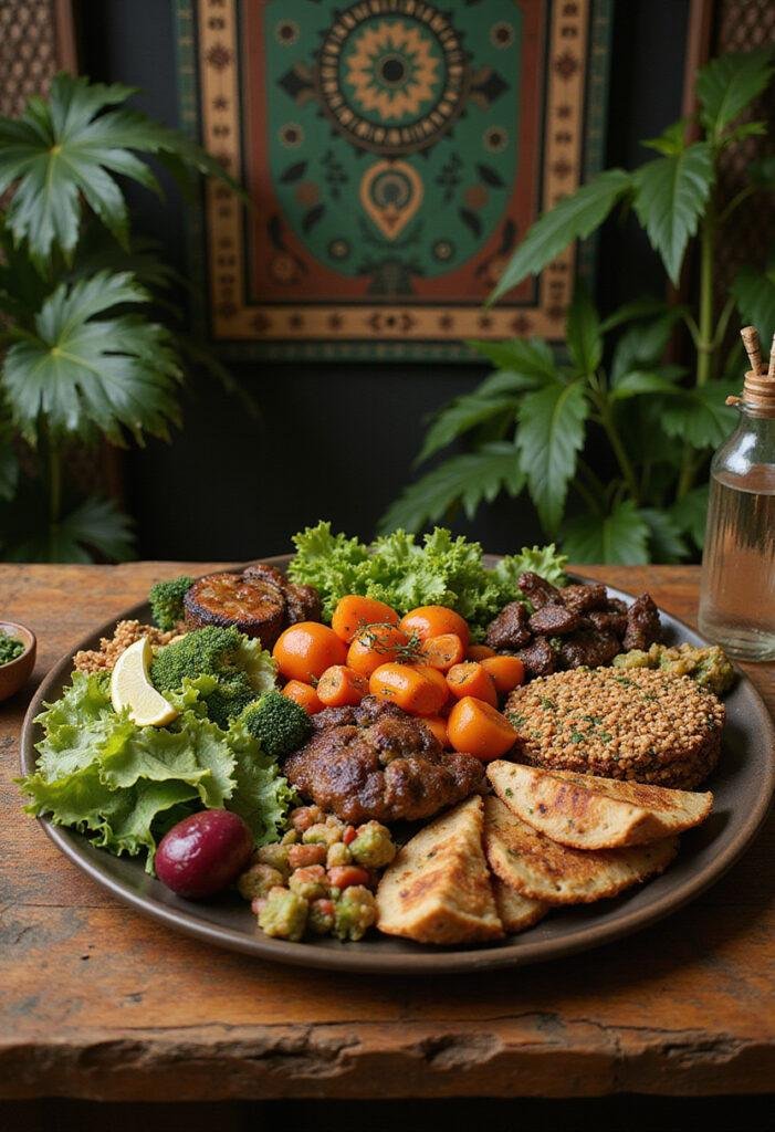 Black Panther M'Baku's Vegetarian Feast served on a wooden table, featuring vibrant vegetables and grains in a Wakandan jungle setting