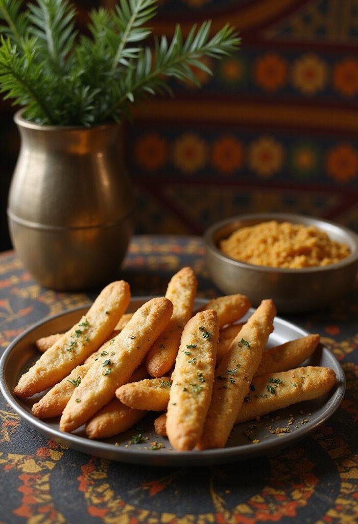 Black Panther Okoye's Dora Milaje spear breadsticks on a tray in a Wakanda-inspired setting, crispy and herb-coated for a themed culinary display.