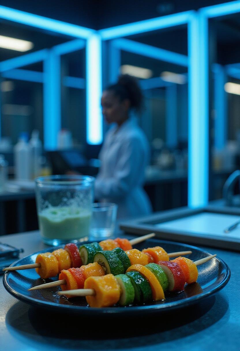 Black Panther Shuri's Lab-Grown Veggie Skewers plated in a high-tech lab setting, showcasing vibrant, healthy vegetables in a realistic scene inspired by Wakandan technology.