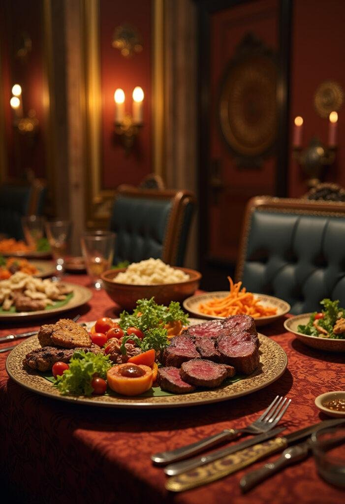 Black Panther T'Challa's Royal Feast Platter with grilled meats and vegetables in a Wakandan palace setting, realistic and vibrant food scene.