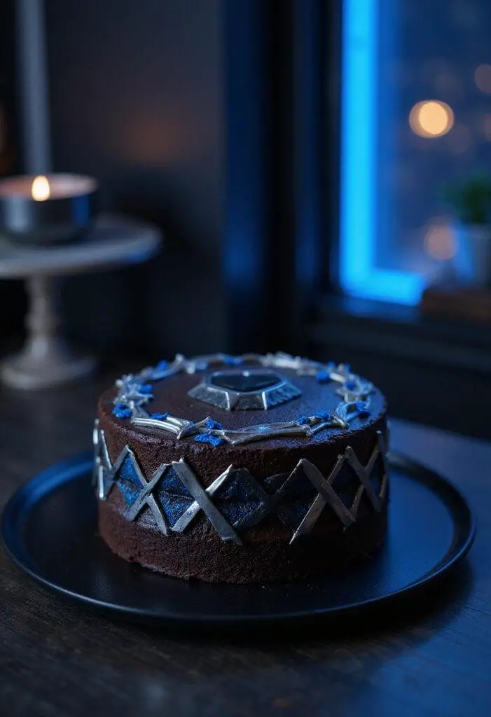 Black Panther Vibranium Mound Chocolate Cake in a futuristic setting, realistic rich dark chocolate cake with metallic accents inspired by Black Panther