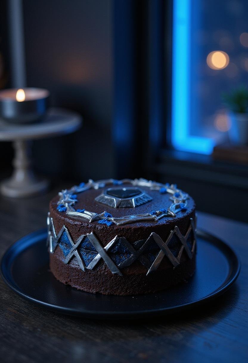 Black Panther Vibranium Mound Chocolate Cake in a futuristic setting, realistic rich dark chocolate cake with metallic accents inspired by Black Panther