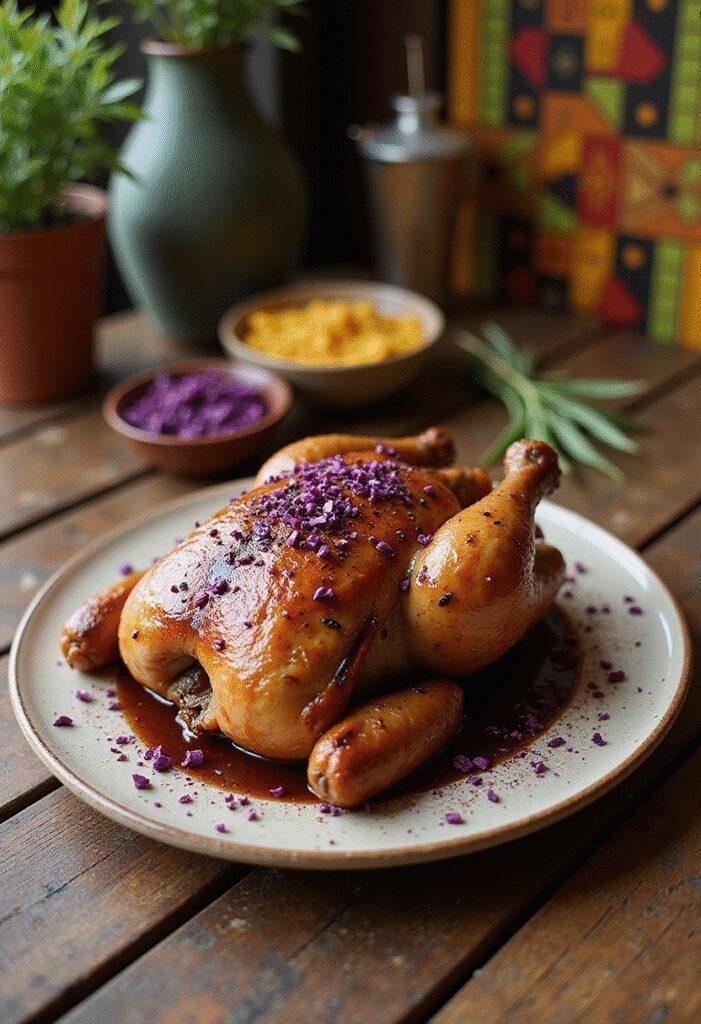 Black Panther Wakanda Forever Purple Herb Roasted Chicken plated with herbs on a rustic table in Wakanda-themed setting